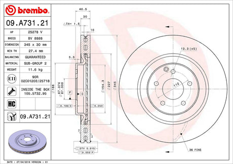Product of Brembo 09A73121C02 Vented 1 Piece Brake Rotor 