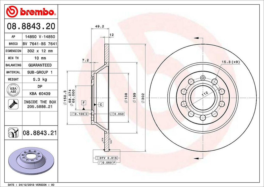 Product of Brembo 08884321C02 Solid 1 Piece Brake Rotor 