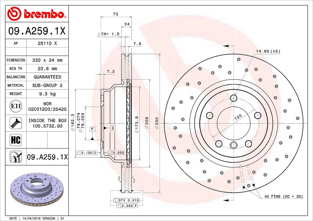Product of Brembo 09A2591XC02 Xtra Vented Cross Drilled 1 Piece Brake Rotor 