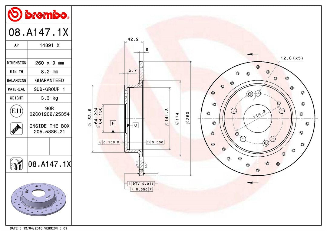 Product of Brembo 08A1471XC02 Xtra Solid Cross Drilled 1 Piece Brake Rotor 