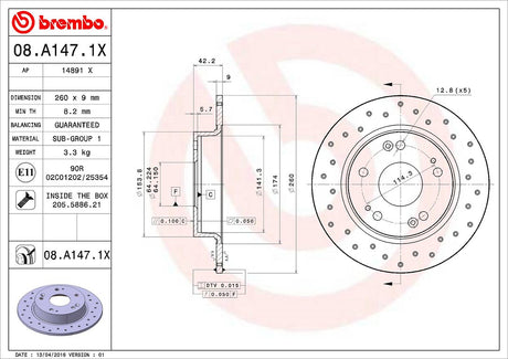 Product of Brembo 08A1471XC02 Xtra Solid Cross Drilled 1 Piece Brake Rotor 