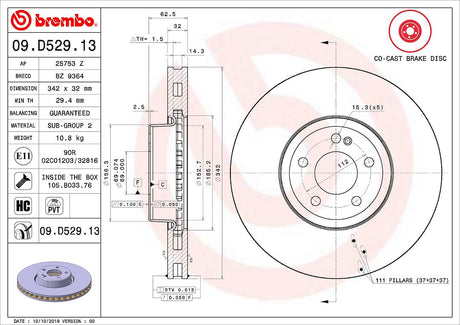 Product of Brembo 09D52913C02 Vented 1 Piece Brake Rotor 