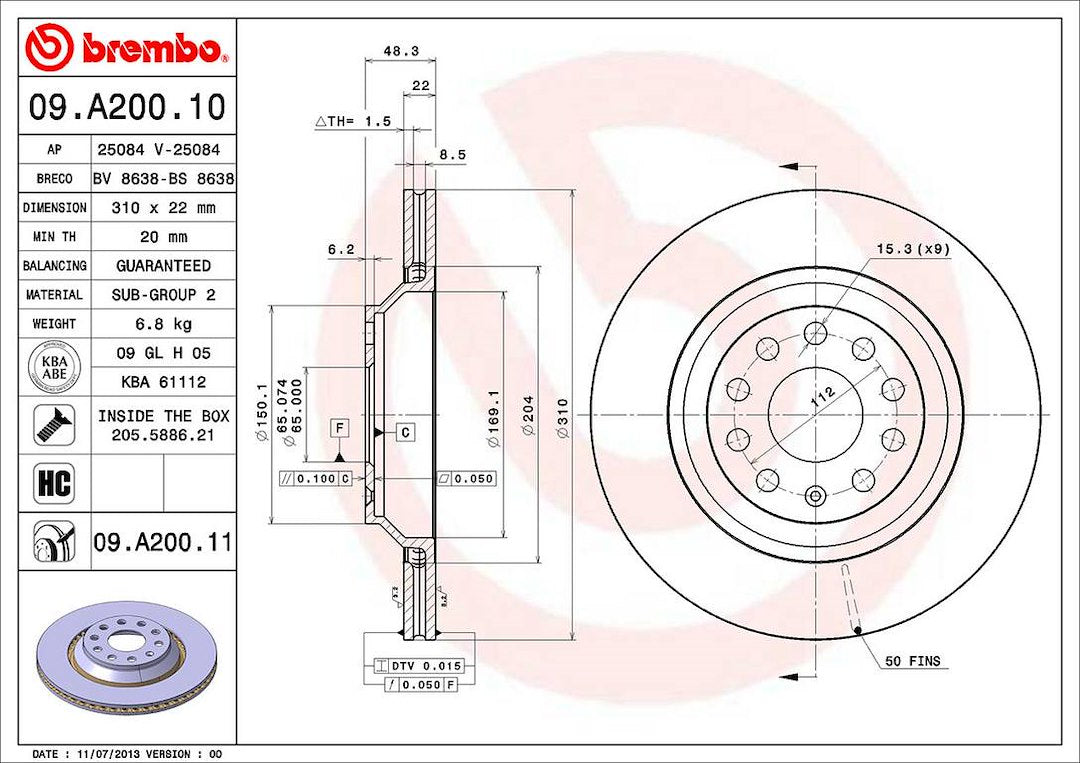 Product of Brembo 09A20011C02 Vented 1 Piece Brake Rotor 
