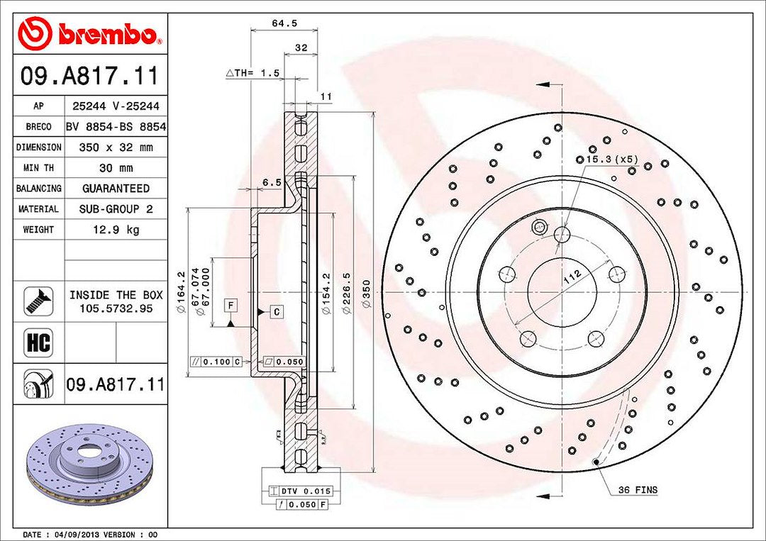 Product of Brembo 09A81711C02 Vented Cross Drilled 1 Piece Brake Rotor 