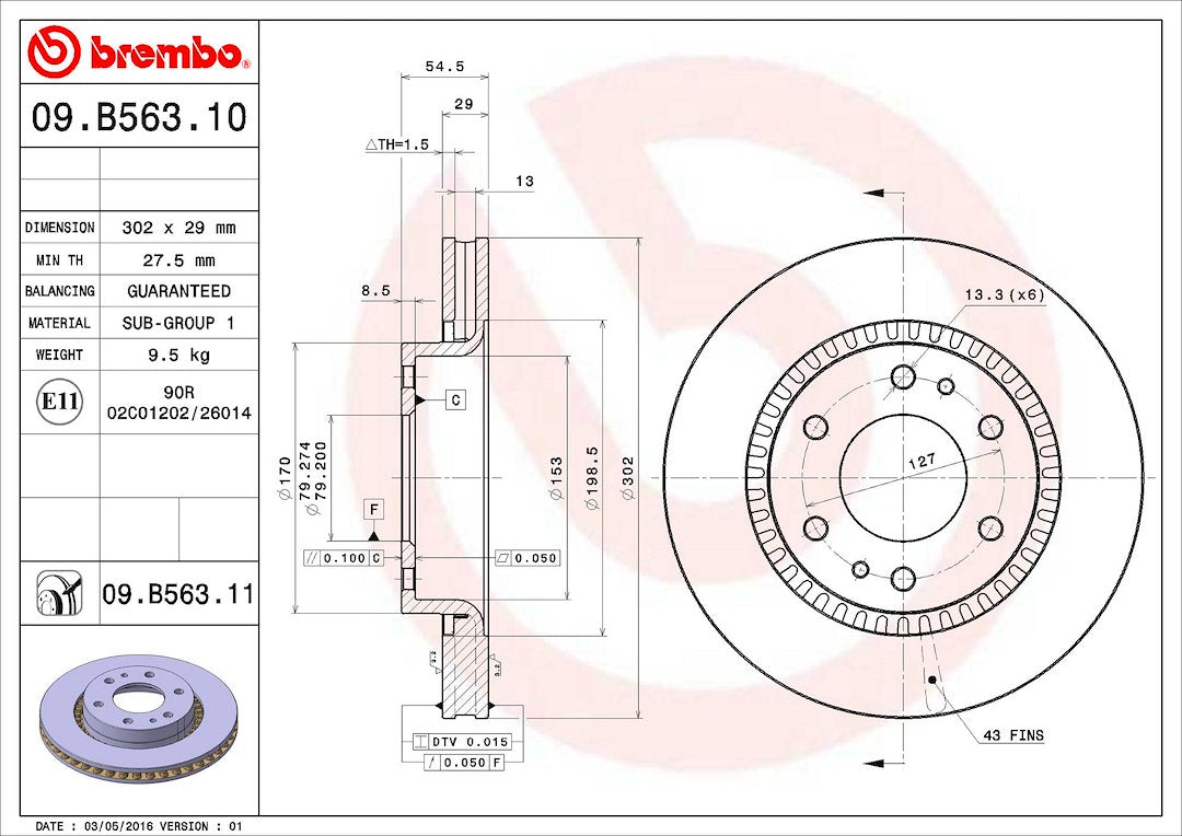 Product of Brembo 09B56311C02 Vented 1 Piece Brake Rotor 