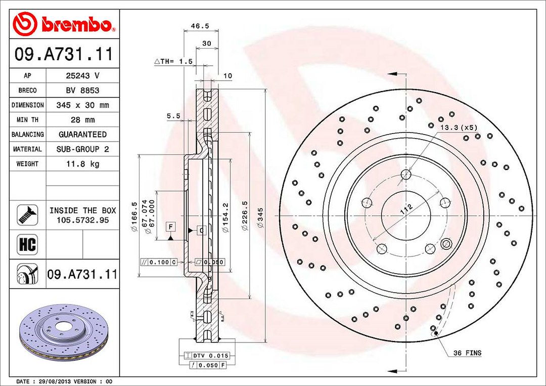 Product of Brembo 09A73111C02 Vented Cross Drilled 1 Piece Brake Rotor 