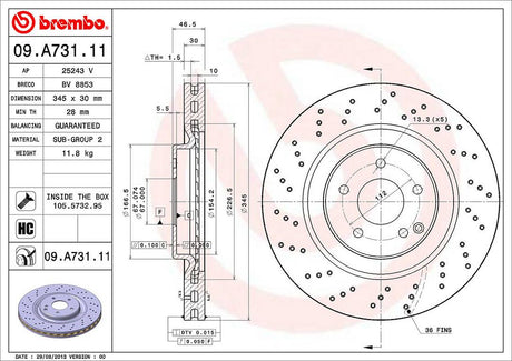 Product of Brembo 09A73111C02 Vented Cross Drilled 1 Piece Brake Rotor 