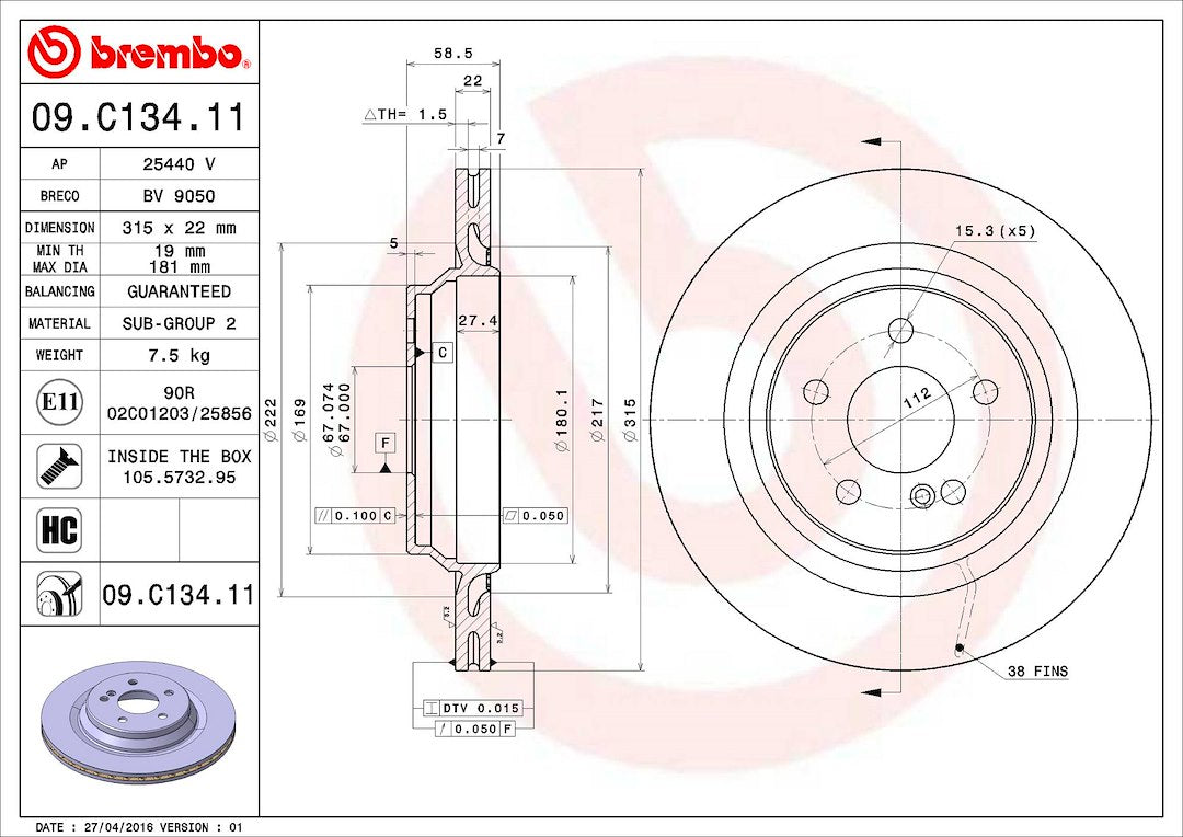 Product of Brembo 09C13411C02 Vented 1 Piece Brake Rotor 