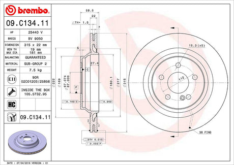 Product of Brembo 09C13411C02 Vented 1 Piece Brake Rotor 