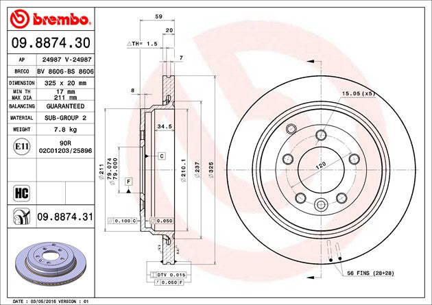 Product of Brembo 09887431C02 Vented 1 Piece Brake Rotor 