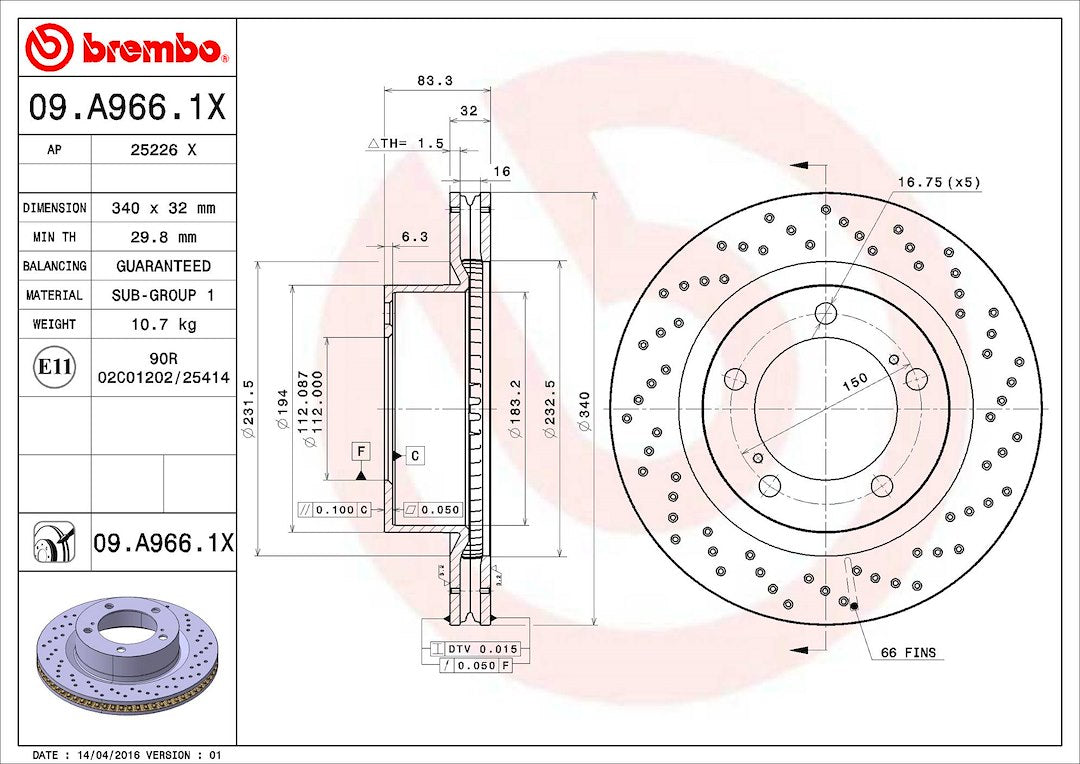 Product of Brembo 09A9661XC02 Xtra Vented Cross Drilled 1 Piece Brake Rotor 