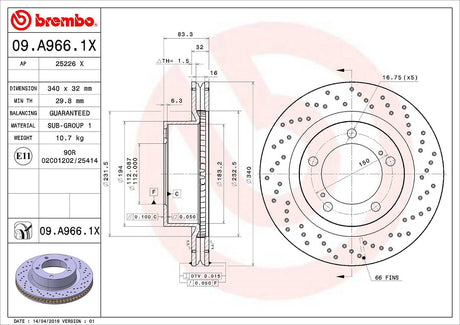 Product of Brembo 09A9661XC02 Xtra Vented Cross Drilled 1 Piece Brake Rotor 