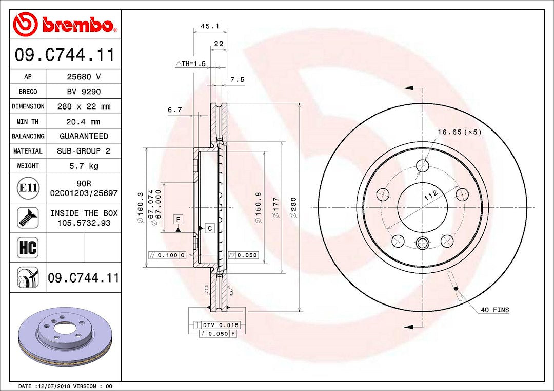 Product of Brembo 09C74411C02 Vented 1 Piece Brake Rotor 