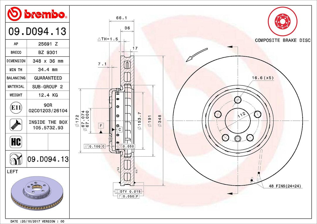 Product of Brembo 09D09413C02 Vented 1 Piece Brake Rotor 