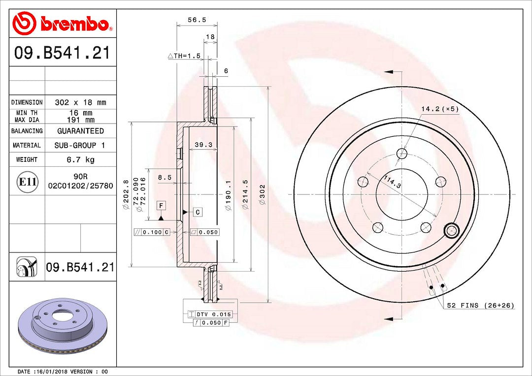 Product of Brembo 09B54121C02 Vented 1 Piece Brake Rotor 