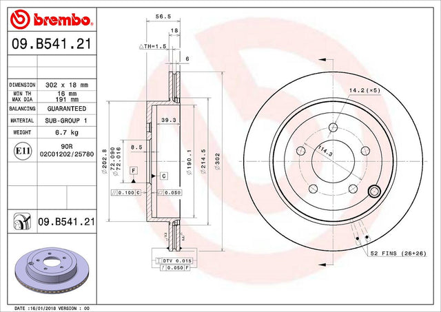 Product of Brembo 09B54121C02 Vented 1 Piece Brake Rotor 