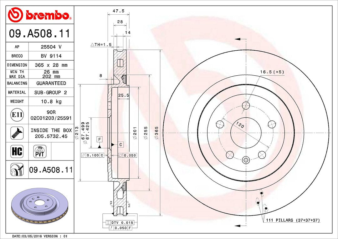 Product of Brembo 09A50811C02 Vented 1 Piece Brake Rotor 