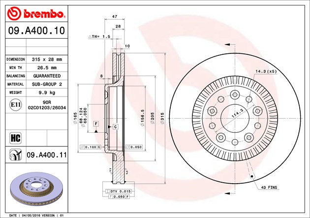 Product of Brembo 09A40011C02 Vented 1 Piece Brake Rotor 