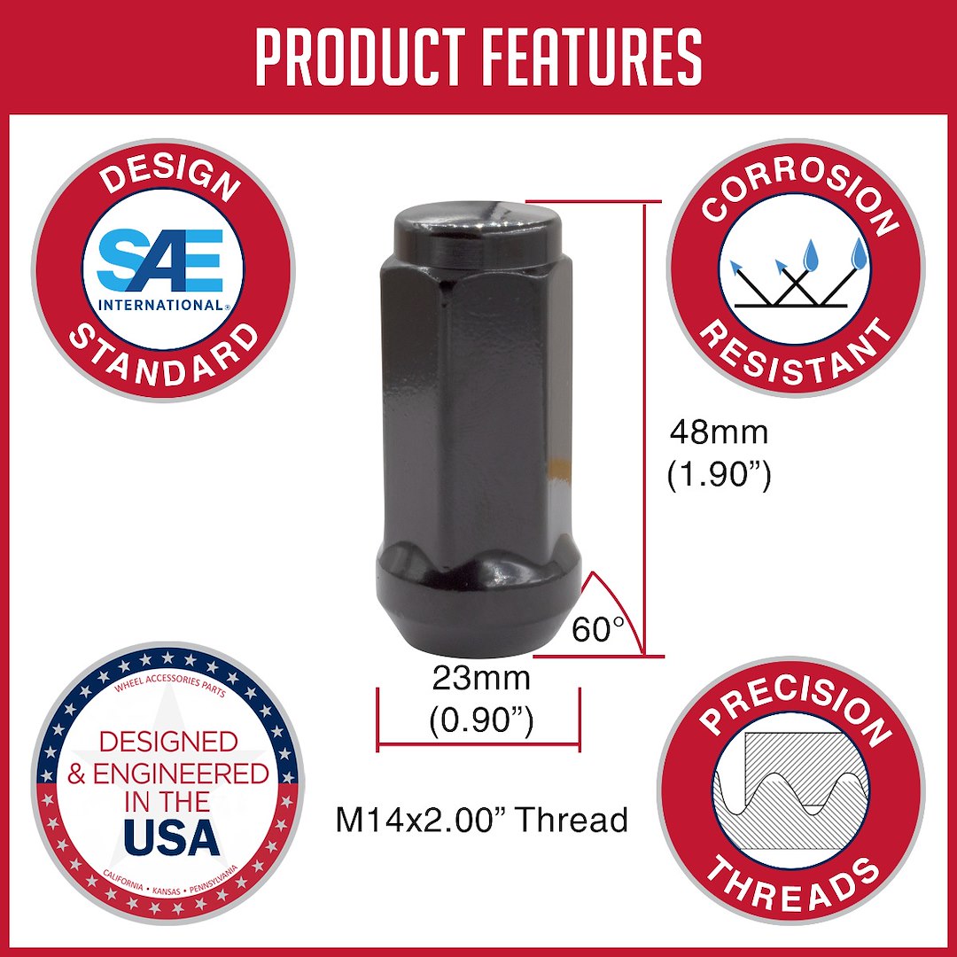 Product of Coyote Wheel Accessories 301173BLK 60 Degree Conical Bulge 14x2.0 Lug Nut 