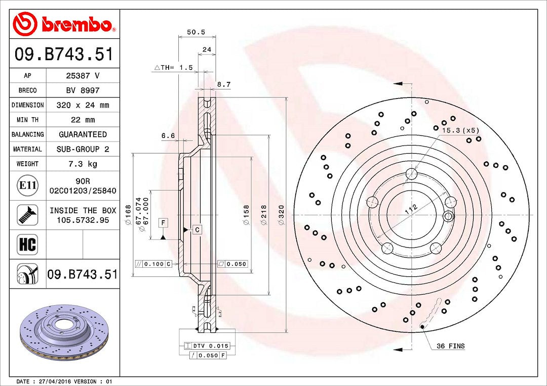 Product of Brembo 09B74351C02 Vented Cross Drilled 1 Piece Brake Rotor 