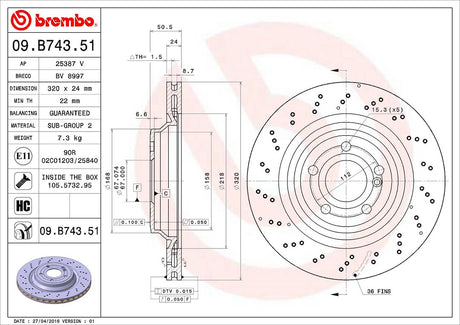 Product of Brembo 09B74351C02 Vented Cross Drilled 1 Piece Brake Rotor 
