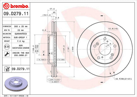 Product of Brembo 09D27911C02 Vented 1 Piece Brake Rotor 