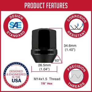 Product of Coyote Wheel Accessories 141148BLK 60 Degree Conical 14x1.5 Lug Nut 