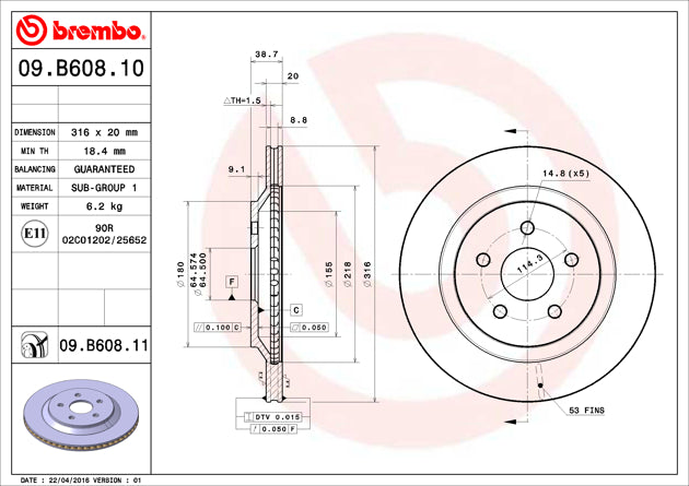 Product of Brembo 09B60811C02 Vented 1 Piece Brake Rotor 
