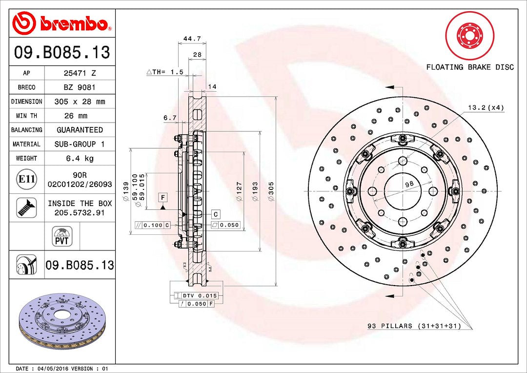 Product of Brembo 09B08513C02 Vented Cross Drilled 1 Piece Brake Rotor 