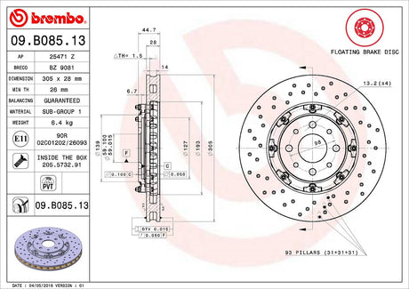 Product of Brembo 09B08513C02 Vented Cross Drilled 1 Piece Brake Rotor 