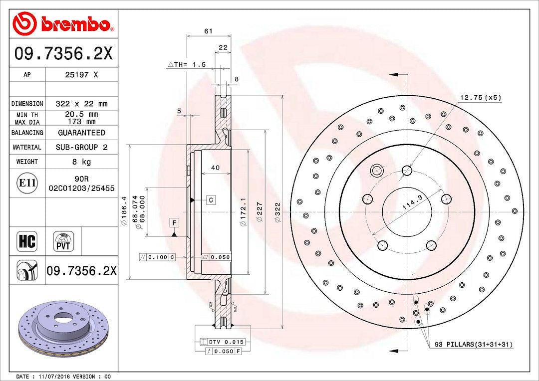 Product of Brembo 0973562XC02 Xtra Vented Cross Drilled 1 Piece Brake Rotor 