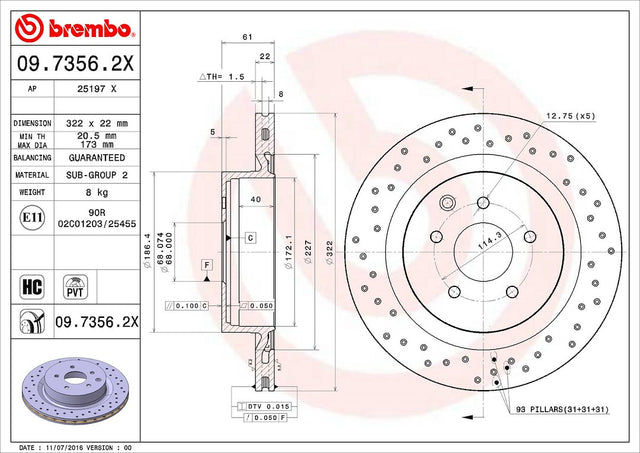Product of Brembo 0973562XC02 Xtra Vented Cross Drilled 1 Piece Brake Rotor 
