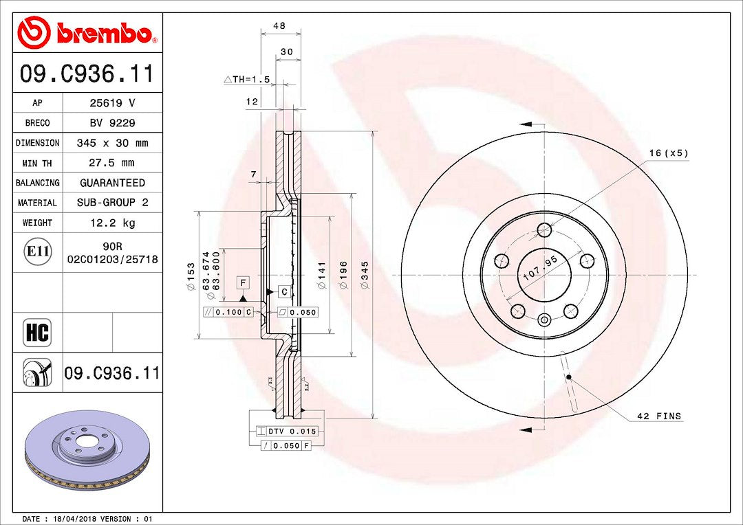 Product of Brembo 09C93611C02 Vented 1 Piece Brake Rotor 
