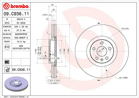 Product of Brembo 09C93611C02 Vented 1 Piece Brake Rotor 