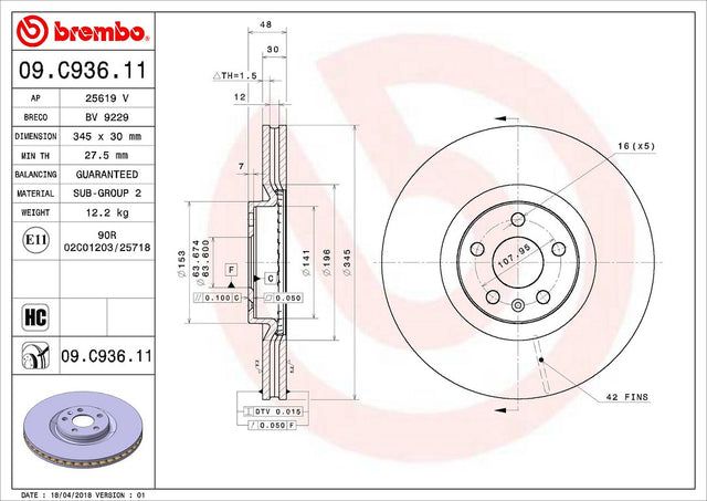 Product of Brembo 09C93611C02 Vented 1 Piece Brake Rotor 