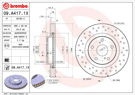 Product of Brembo 09A4171XC02 Xtra Vented Cross Drilled 1 Piece Brake Rotor 