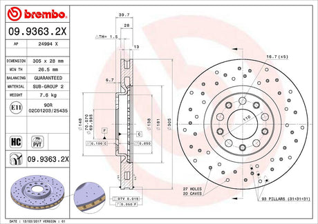 Product of Brembo 0993632XC02 Xtra Vented Cross Drilled 1 Piece Brake Rotor 