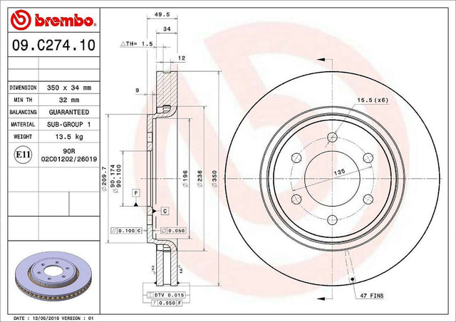 Product of Brembo 09C27411C02 Vented 1 Piece Brake Rotor 