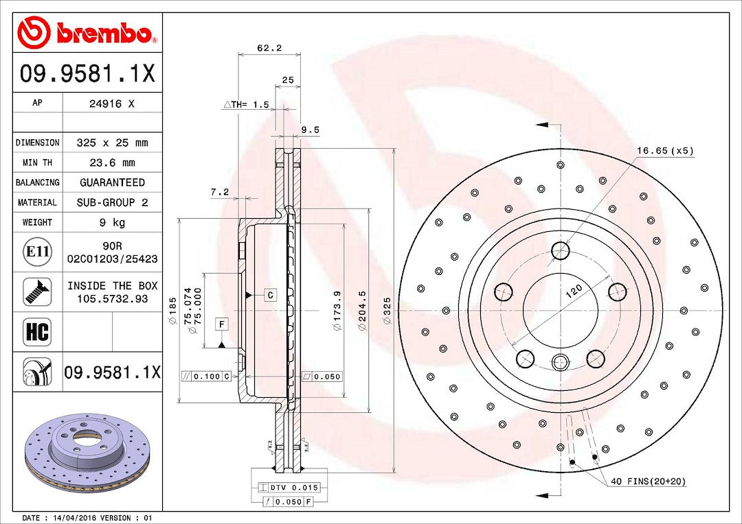 Product of Brembo 0995811XC02 Xtra Vented Cross Drilled 1 Piece Brake Rotor 