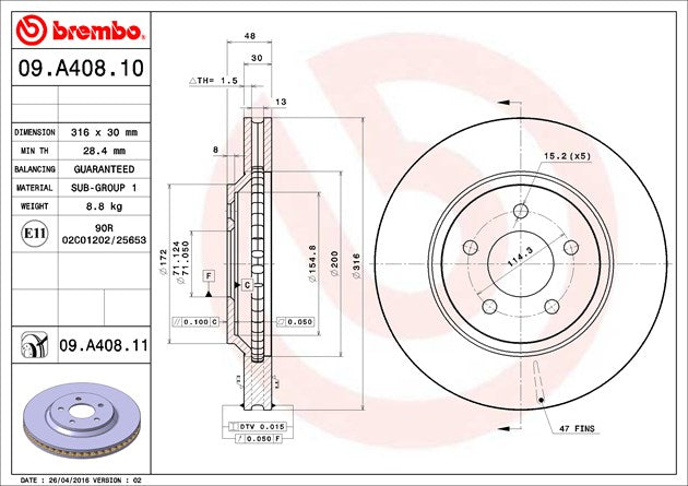 Product of Brembo 09A40811C02 Vented 1 Piece Brake Rotor 