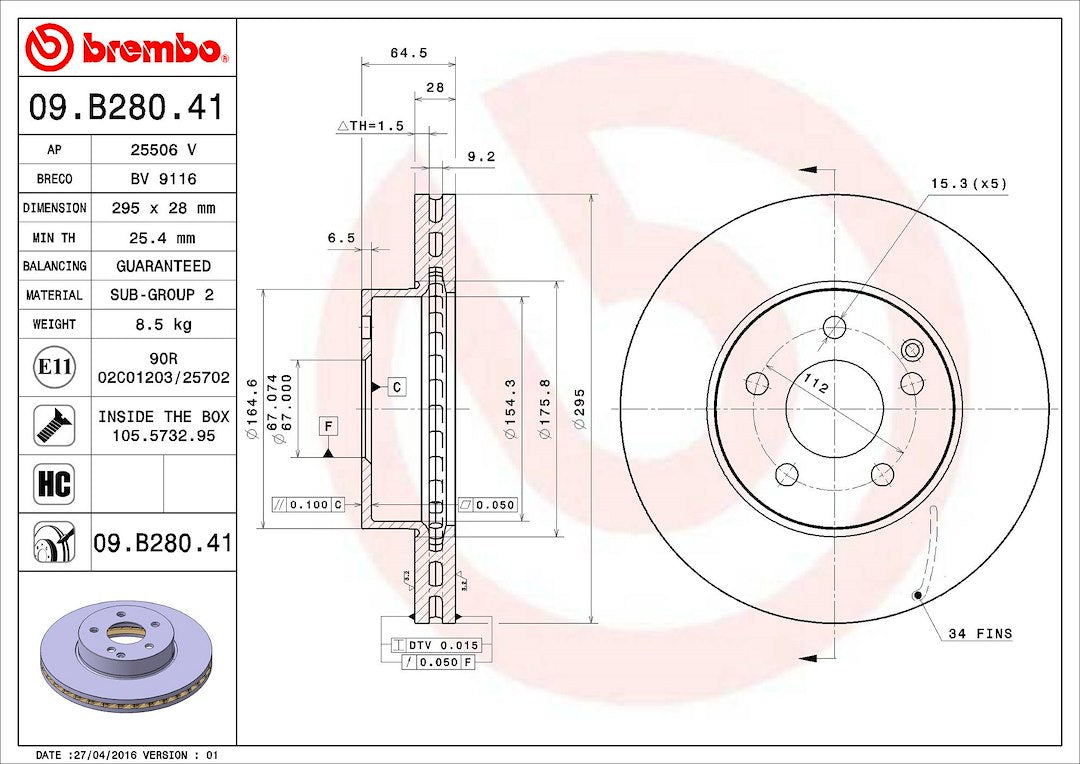 Product of Brembo 09B28041C02 Vented 1 Piece Brake Rotor 