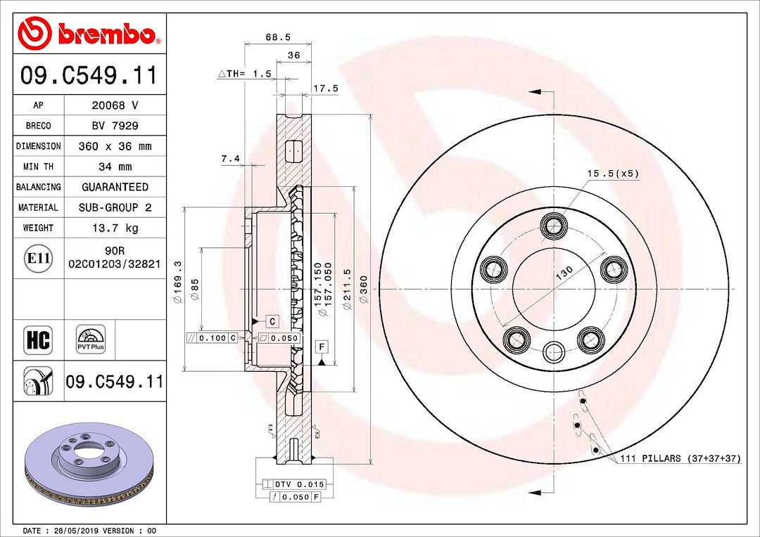 Product of Brembo 09C54911C02 Vented 1 Piece Brake Rotor 
