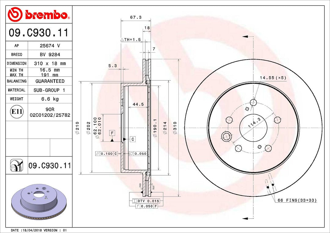 Product of Brembo 09C93011C02 Vented 1 Piece Brake Rotor 