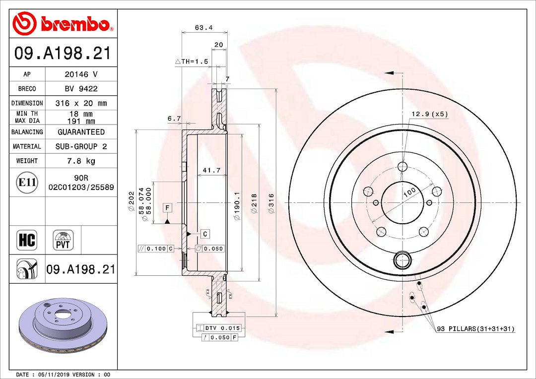 Product of Brembo 09A19821C02 Vented 1 Piece Brake Rotor 