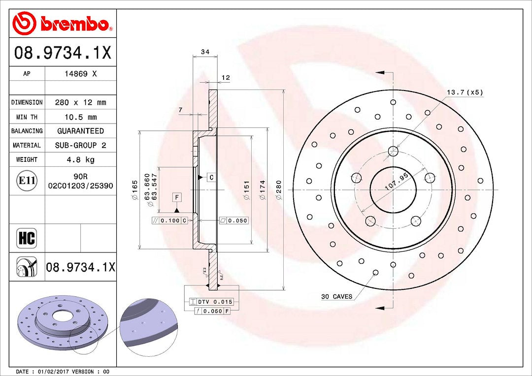Product of Brembo 0897341XC02 Xtra Solid Cross Drilled 1 Piece Brake Rotor 
