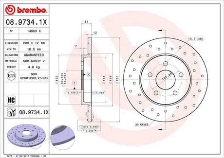 Product of Brembo 0897341XC02 Xtra Solid Cross Drilled 1 Piece Brake Rotor 
