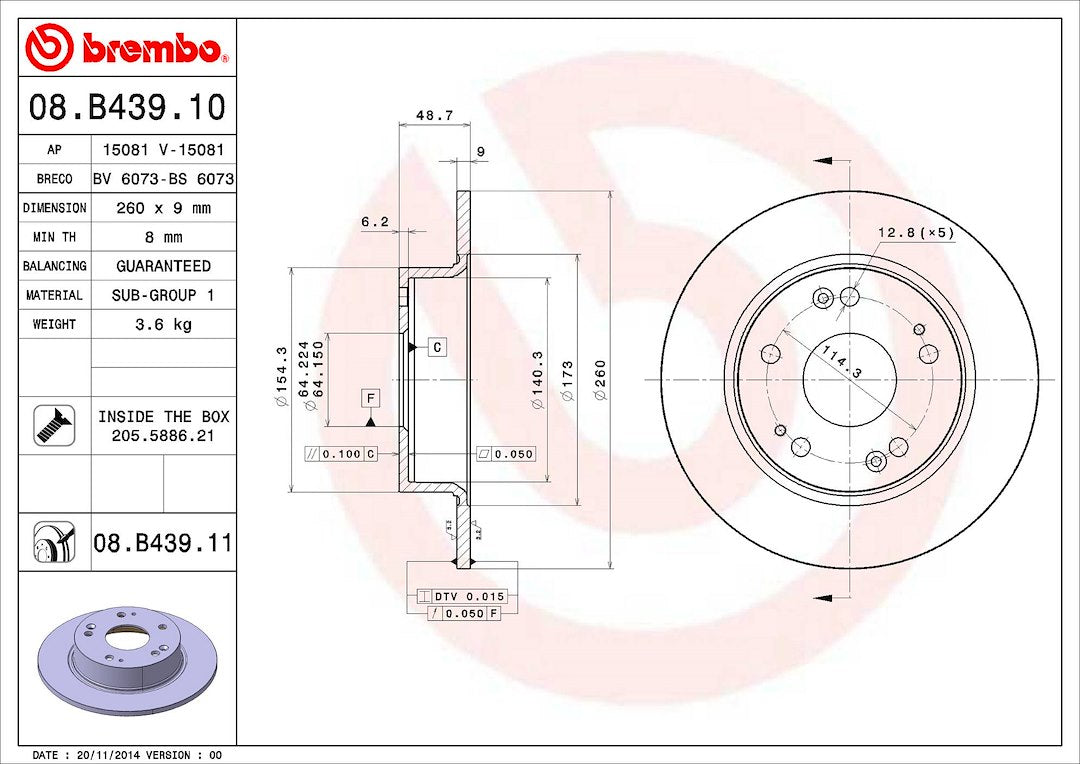 Product of Brembo 08B43911C02 Solid 1 Piece Brake Rotor 