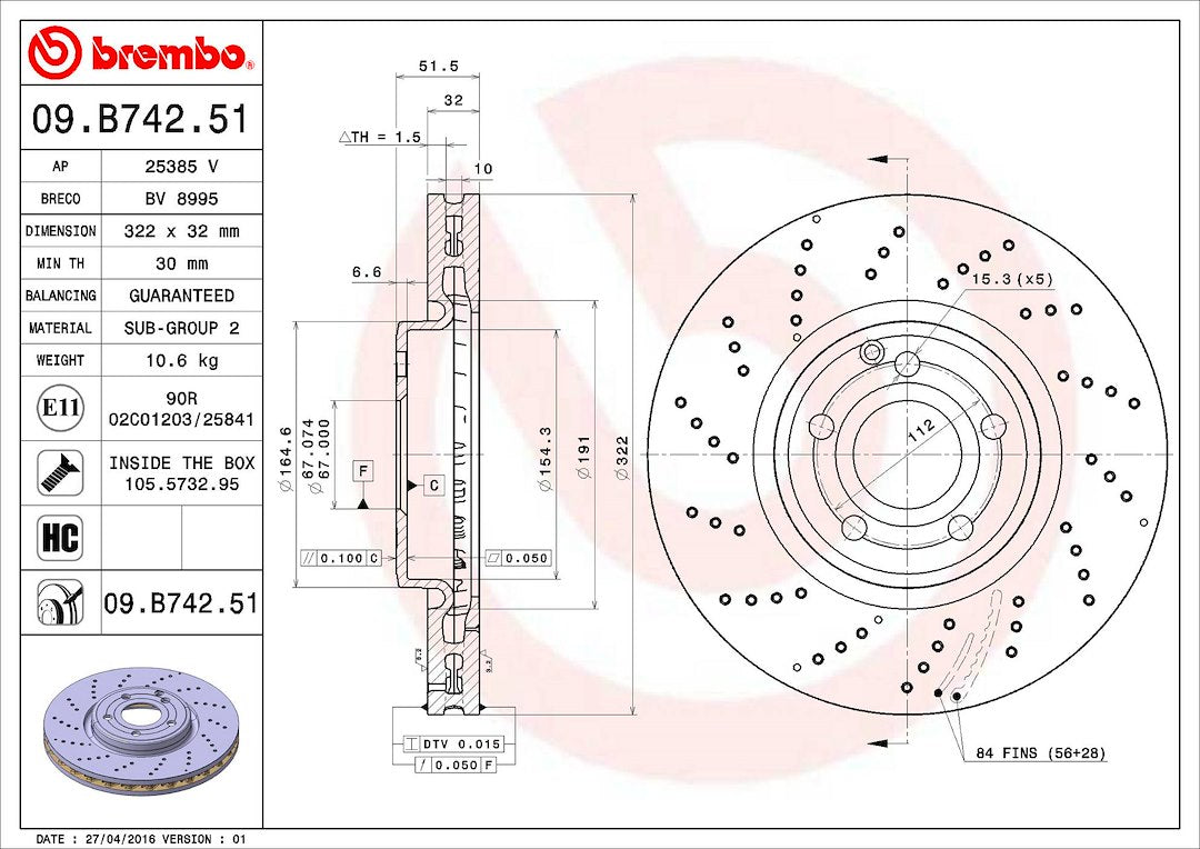 Product of Brembo 09B74251C02 Vented Cross Drilled 1 Piece Brake Rotor 