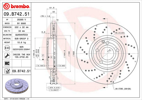 Product of Brembo 09B74251C02 Vented Cross Drilled 1 Piece Brake Rotor 