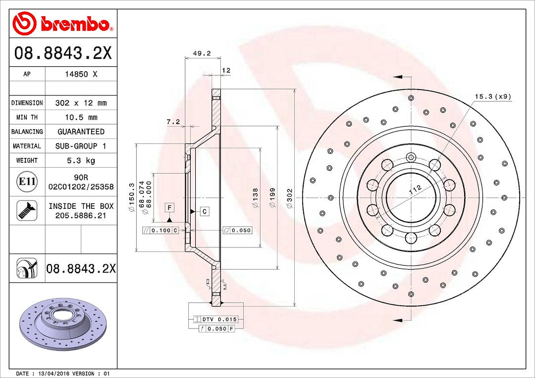 Product of Brembo 0888432XC02 Xtra Solid Cross Drilled 1 Piece Brake Rotor 
